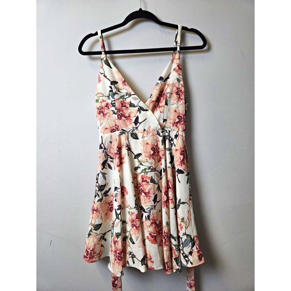 Ijoah Women's M Floral Rose A-Line Dress V-Neck Spaghetti Strap Zip Crepe Poly